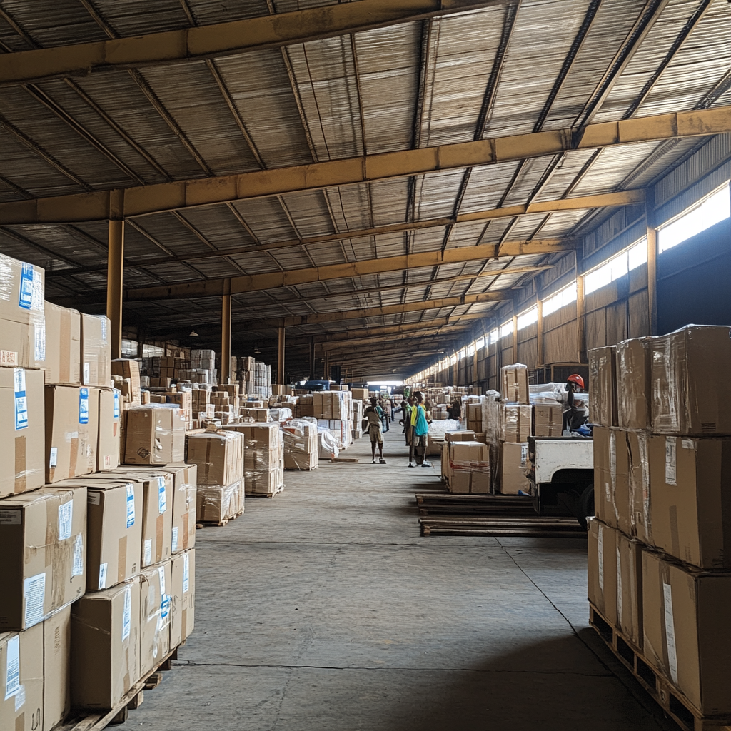 Busy Package Delivery Facility in Africa with Workers and Packages