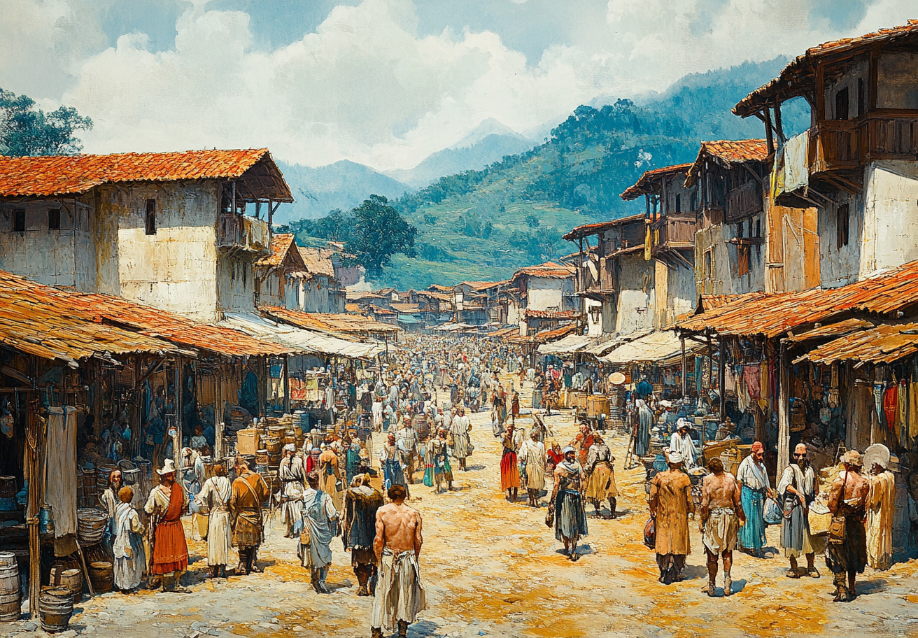 Busy Viking Market Square in Rundown Brazil: Illustration