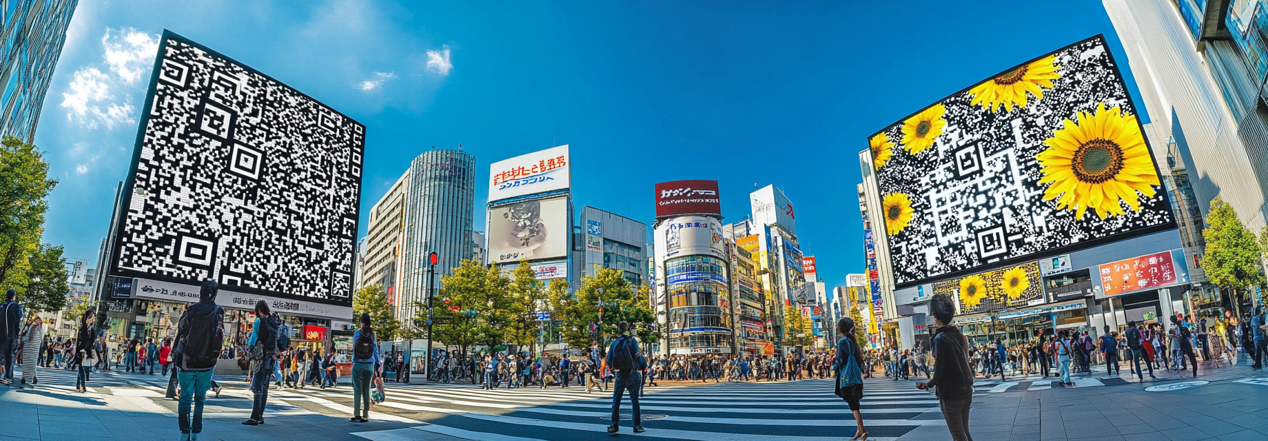 Busy city crossing with sunflower ads and modern buildings.