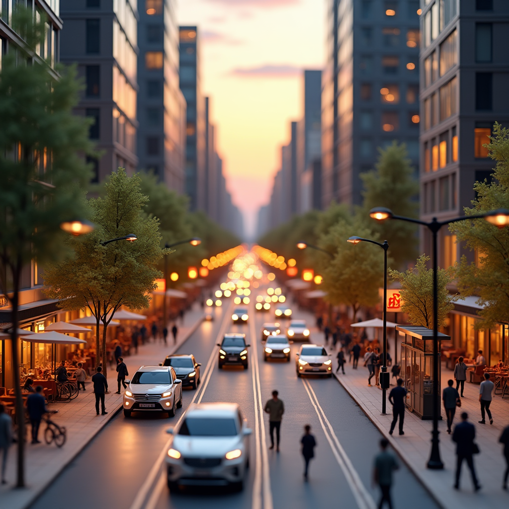 Busy city street at evening rush hour.