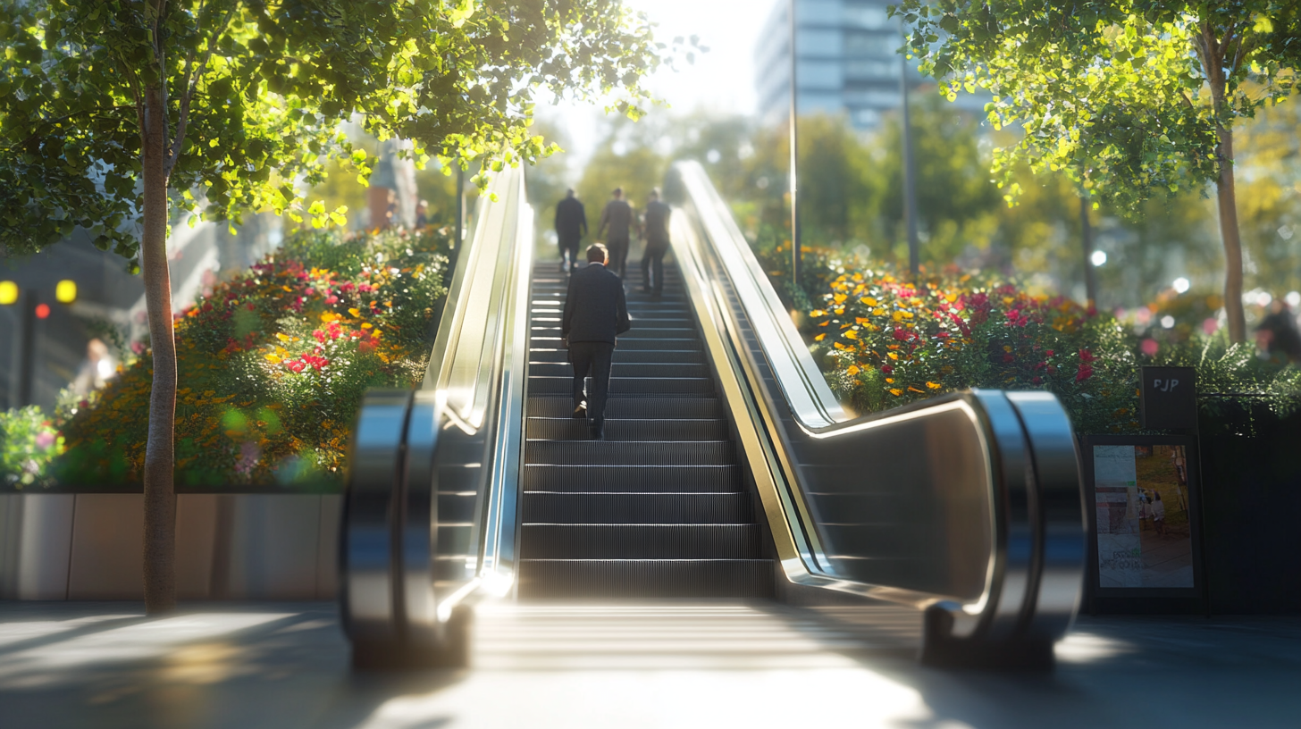 Busy escalator in sunny train station, detailed realism