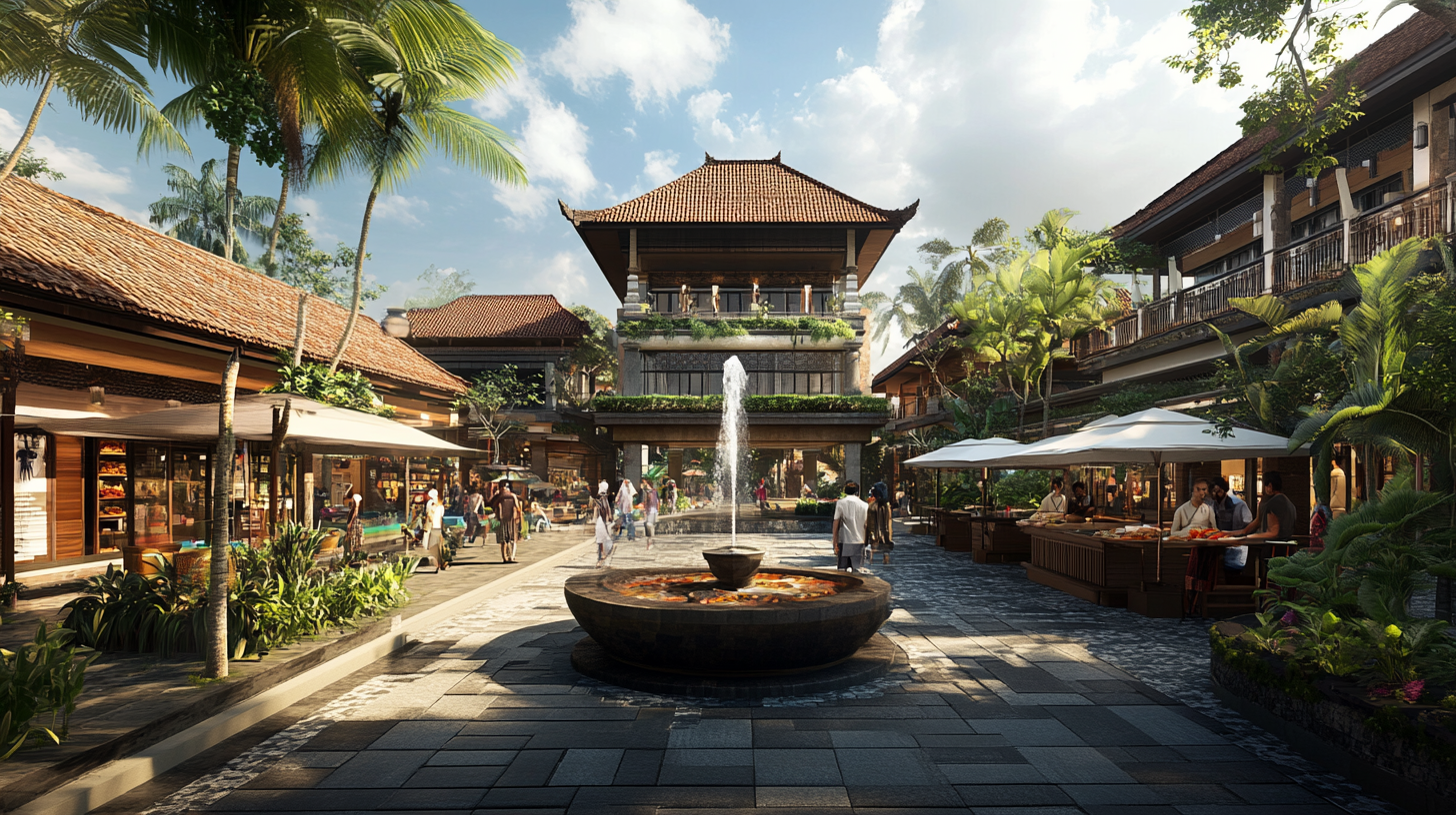 Busy modern Bali-themed retail building with food stalls