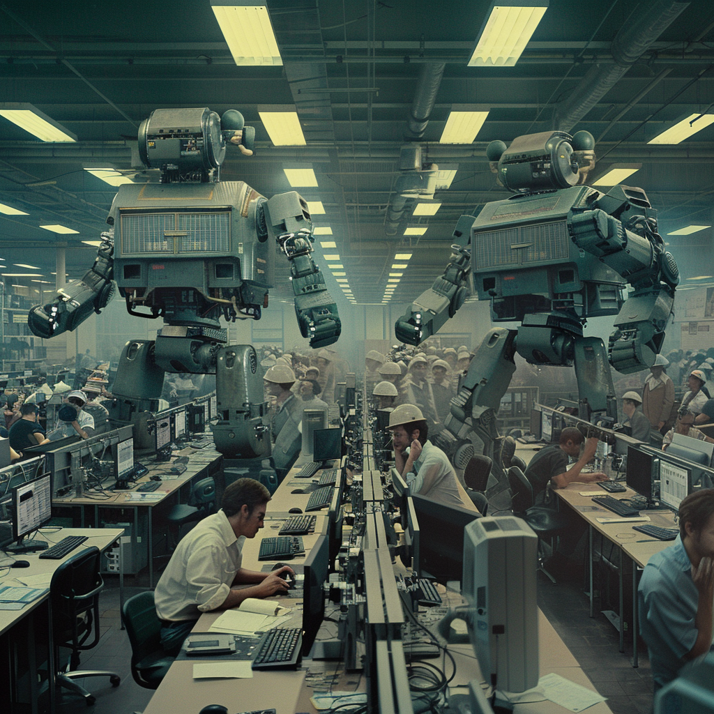 Busy newsroom, journalists cower in fear from robots.