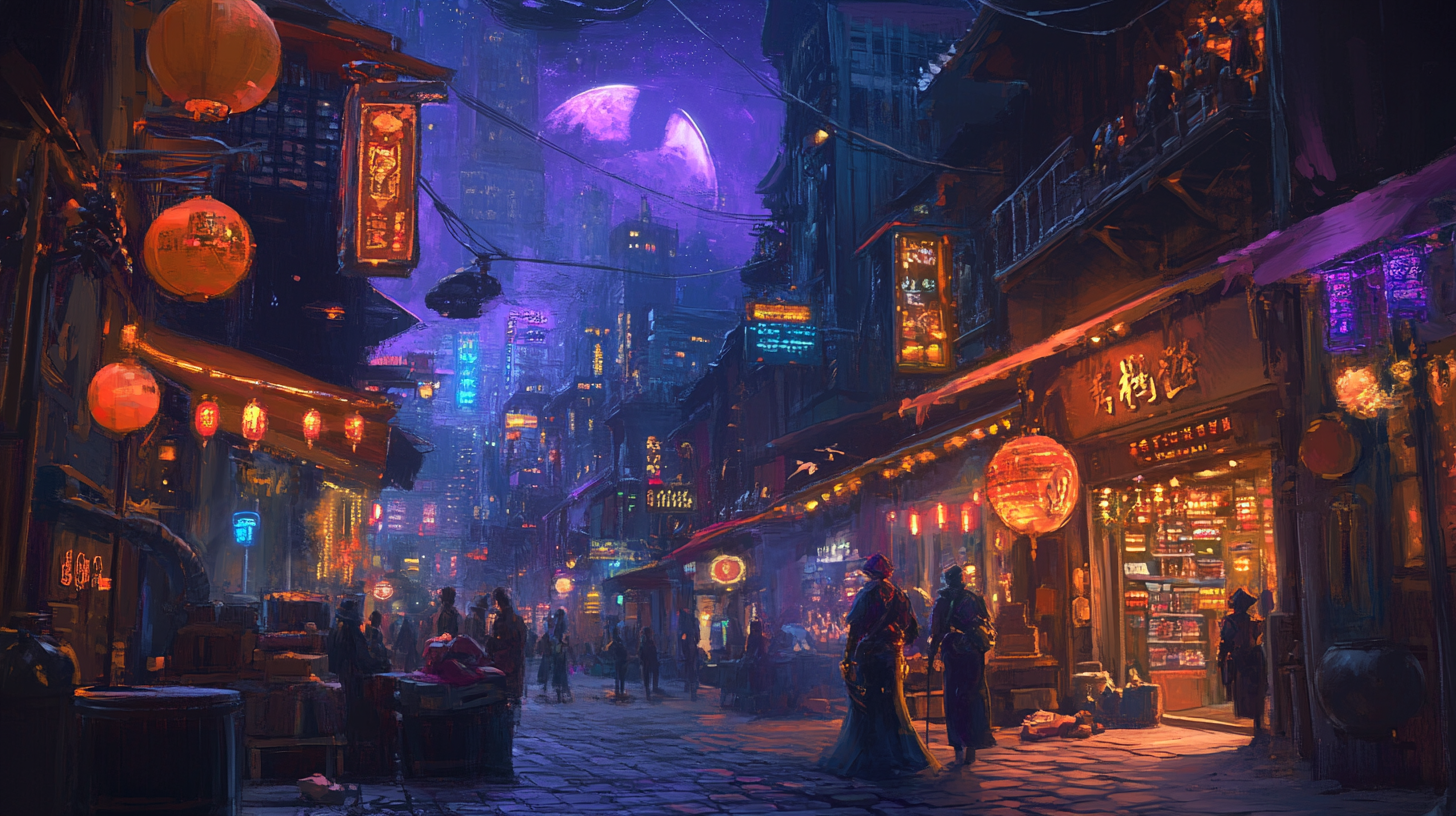 Busy night scene in fantasy city district storefronts.