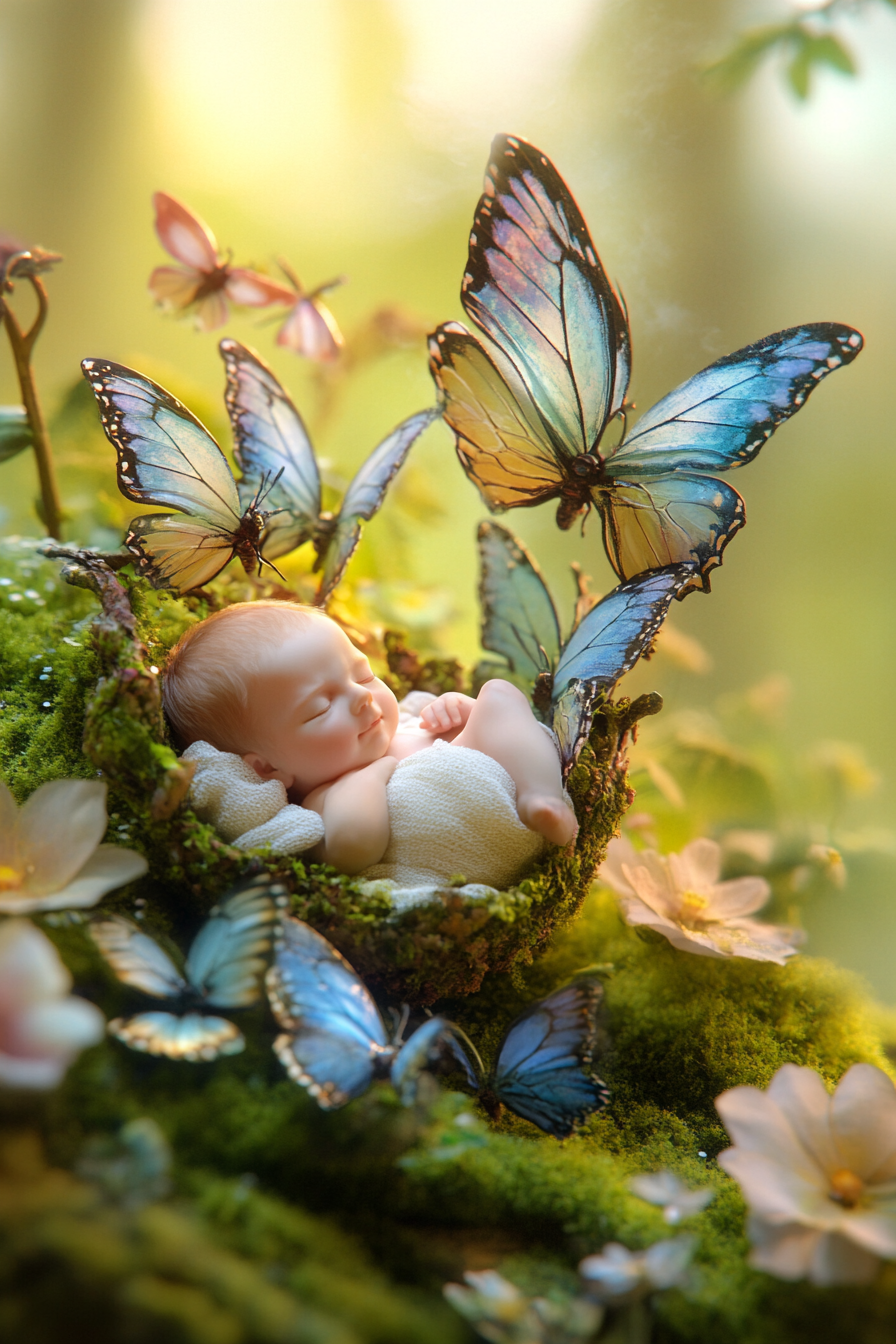 Butterflies Carry Sleeping Baby in Enchanted Forest