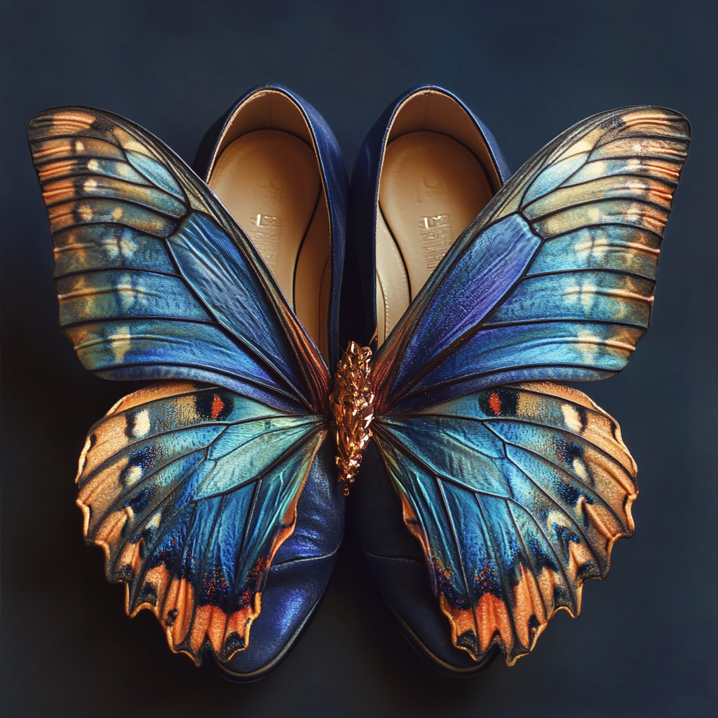 Butterfly wings embrace stylish shoes in magical fantasy.