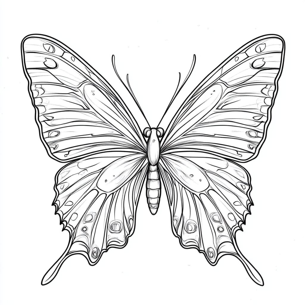 Butterfly with layered scales, thick outline, dark lines.