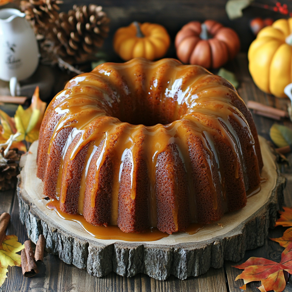 Buttermilk Pumpkin Pound Cake with caramel glaze on rustic board.