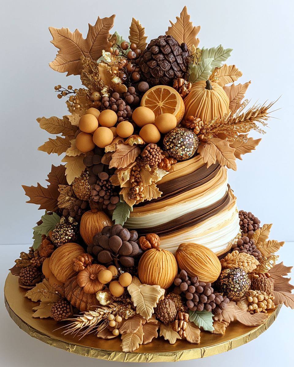 Butterscotch Thanksgiving Cornucopia cake with fruit and gold designs.