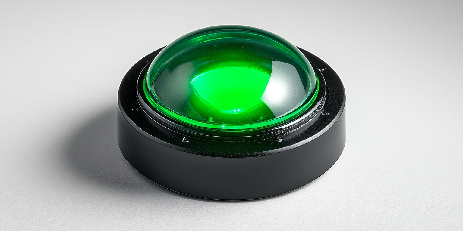 Button with green top LED light on black base.