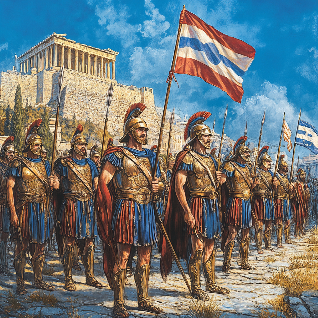 Byzantine, Ancient Greek, and Modern Greek Soldiers Protecting Acropolis