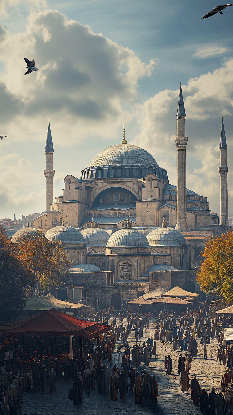 Byzantine architecture captured in bustling Constantinople market square.