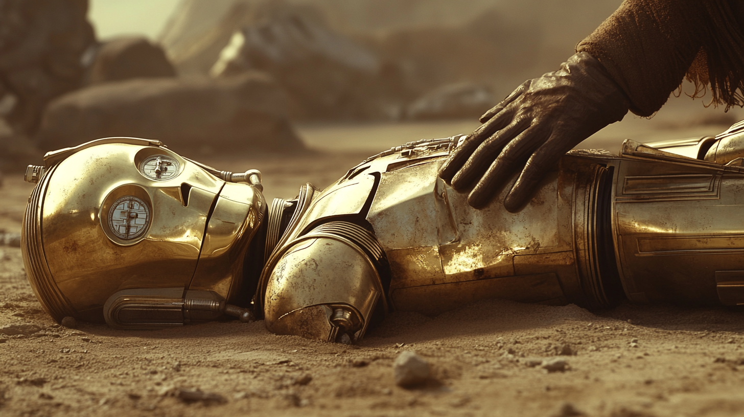 C3PO broken on floor, hand over heart, Star Wars.