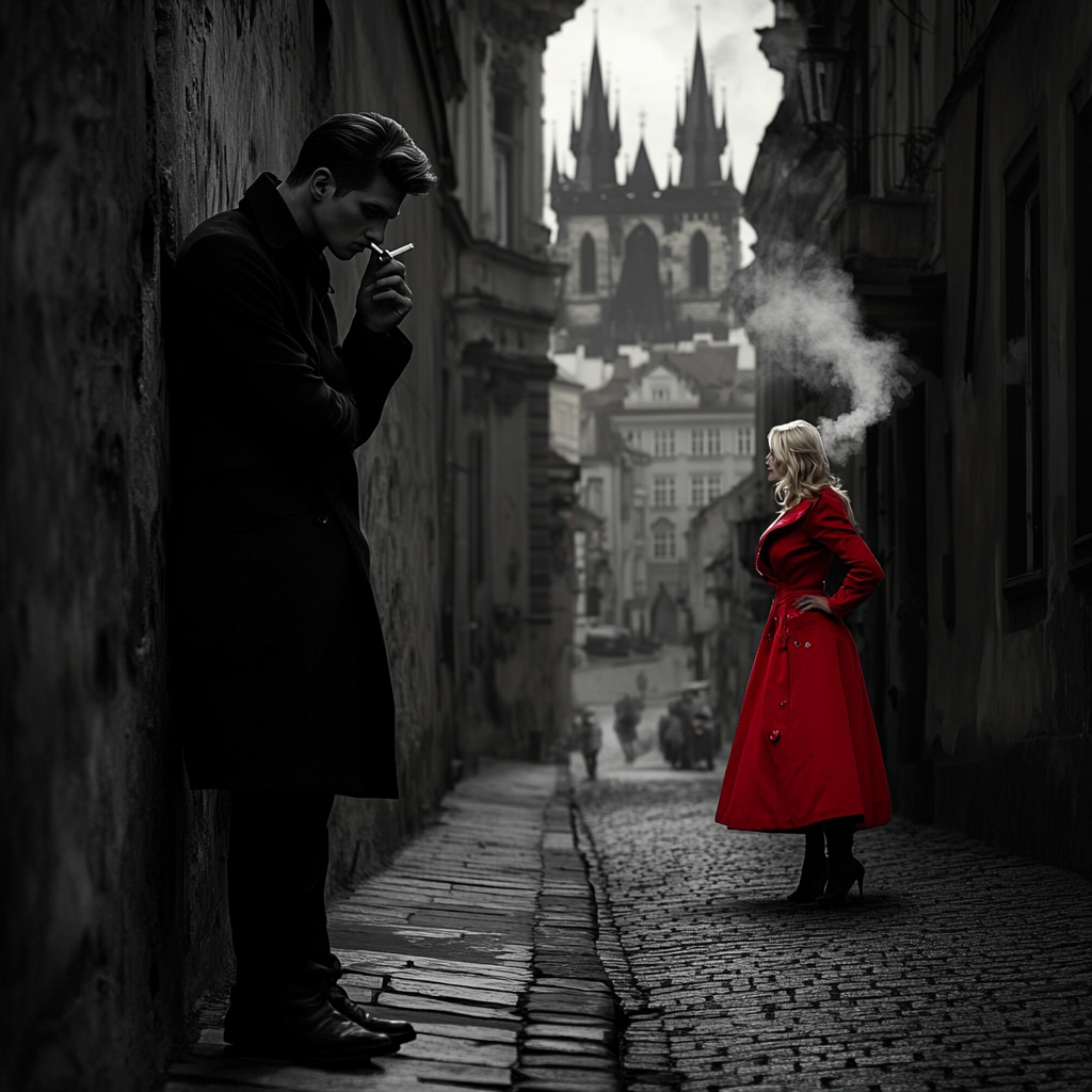 CIA agent spy in Prague smokes cigarette, woman approaches.