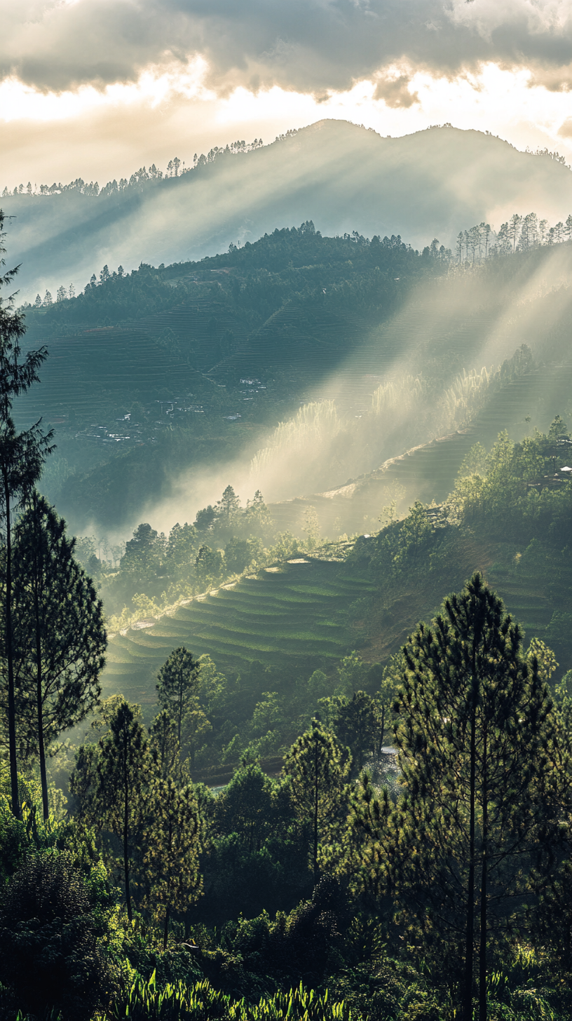 CIWIDEY view: Light rays, hills layers, strong telephotography. Sony Alpha.