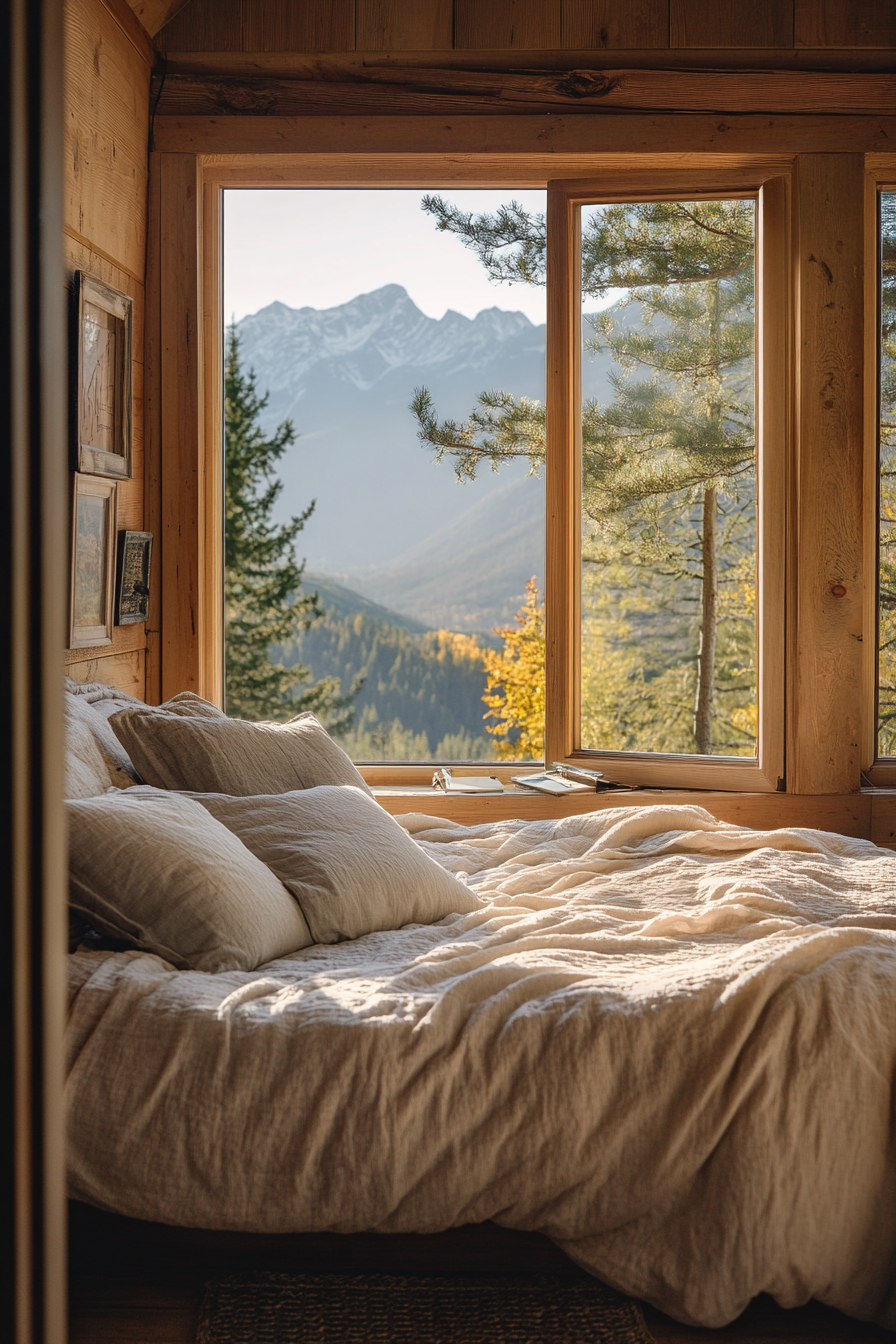 Cabin bedroom with mountain view, simple and elegant décor.