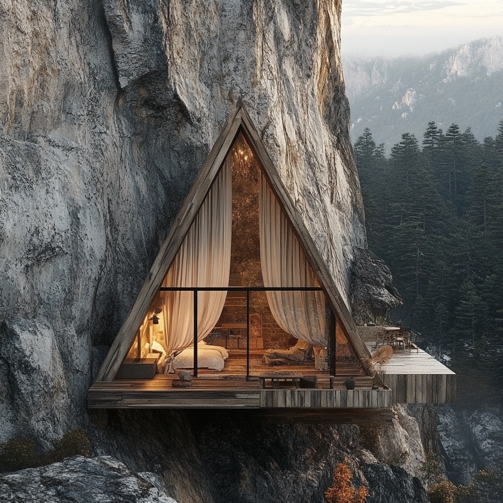 Cabin on angle, built in mountainside, window curtain faces up.