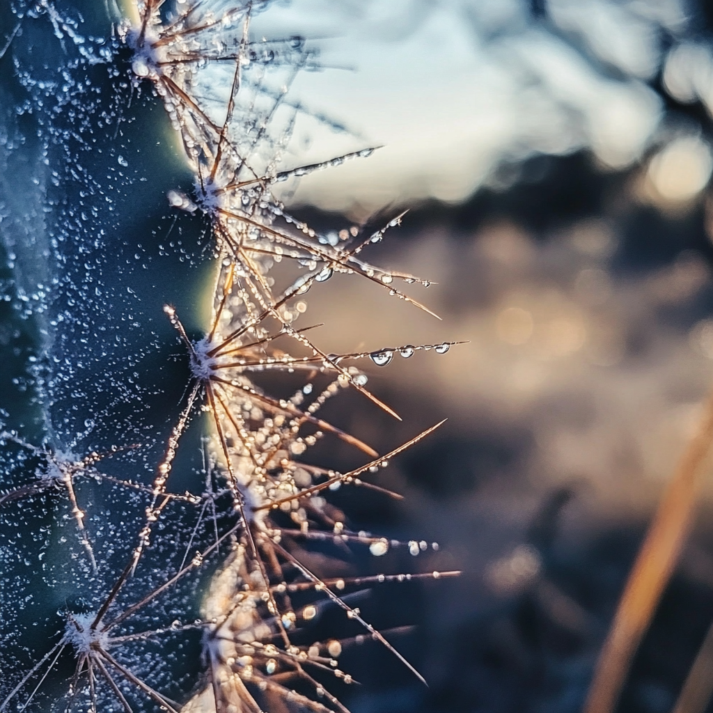 Cactus with dewdrops in morning sunlight