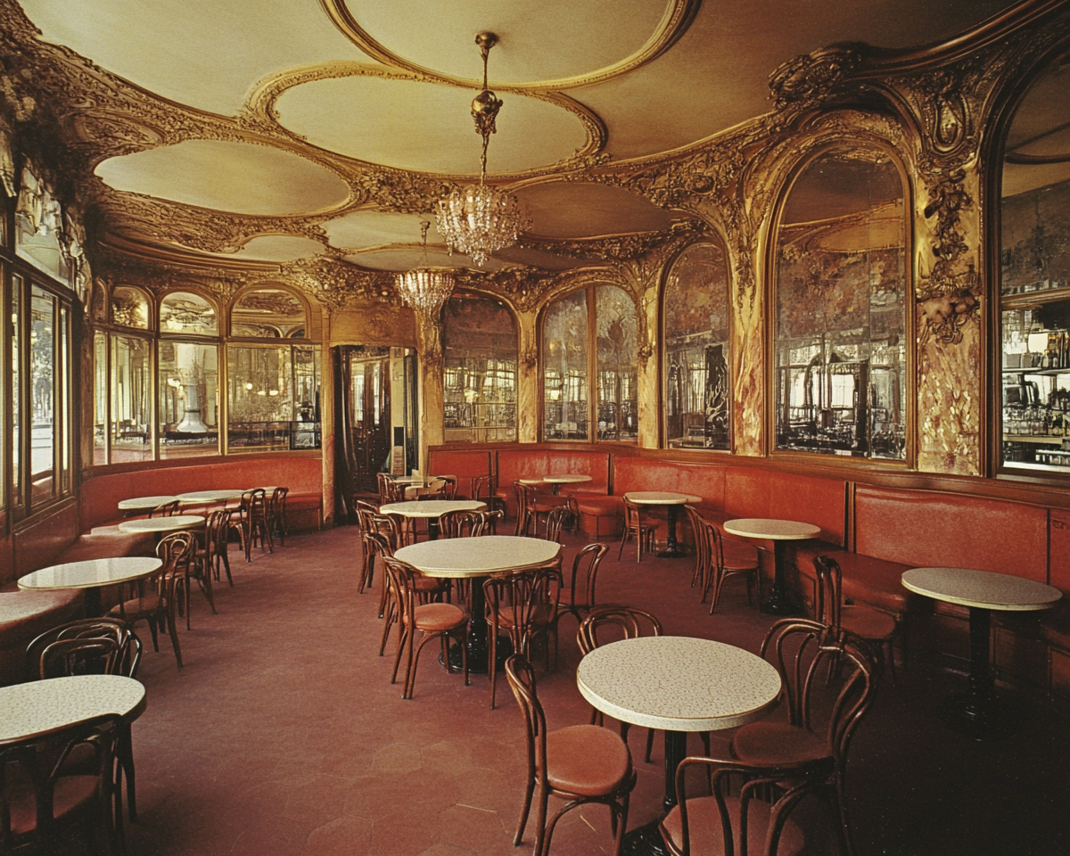 Cafe de Flore style intellectual cafe with circular tables.