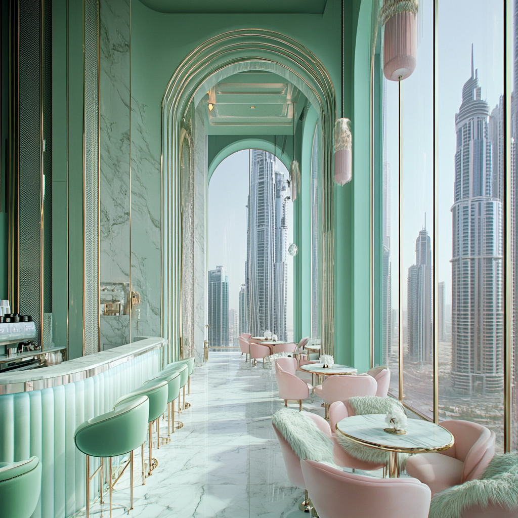 Cafe design for girls with soft colors and luxury.