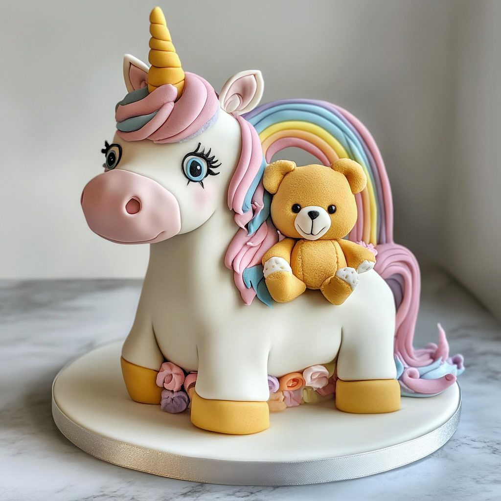 Cake unicorn with teddy bear, rainbow background.