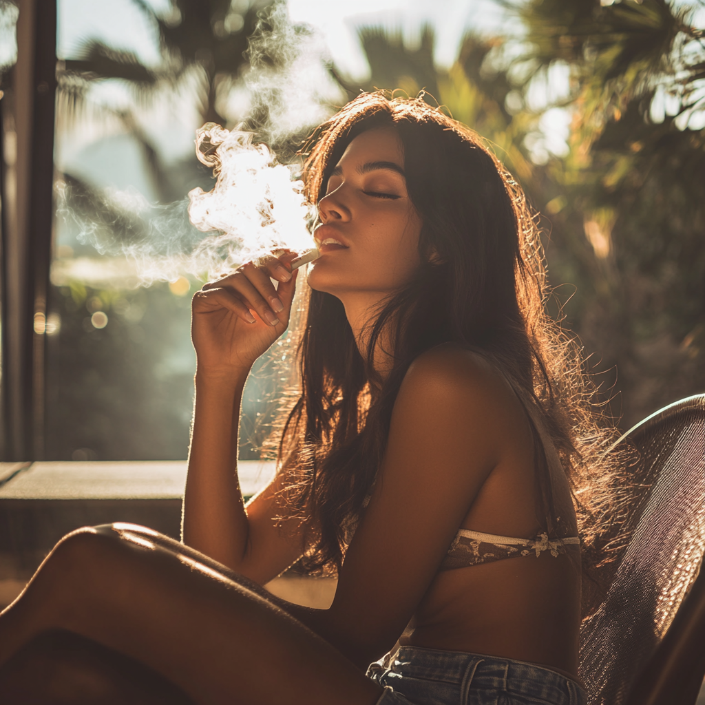 California Latina enjoys joint on sunlit patio casually.