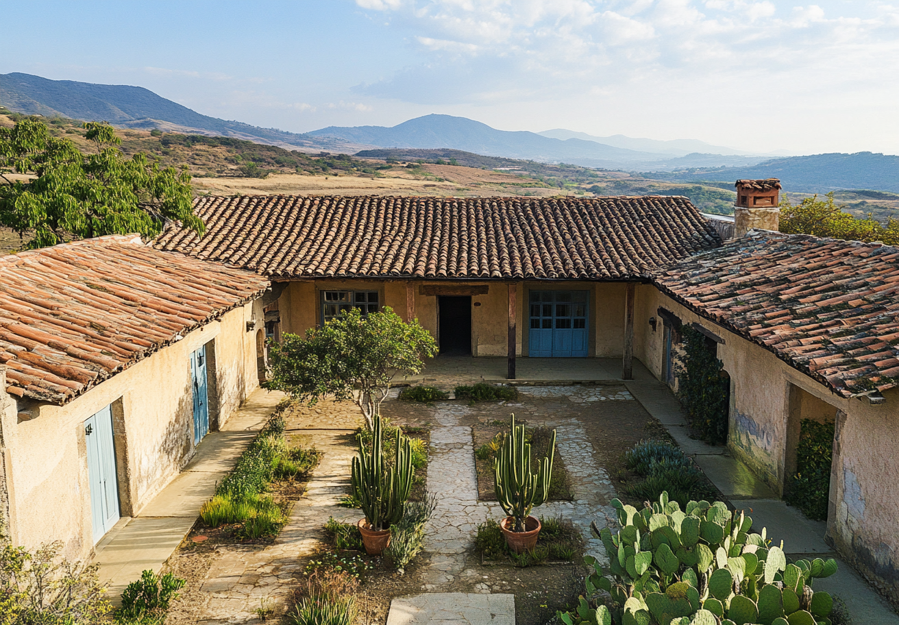 California Mission ranch, Frank Gehry design, courtyard, large windows.