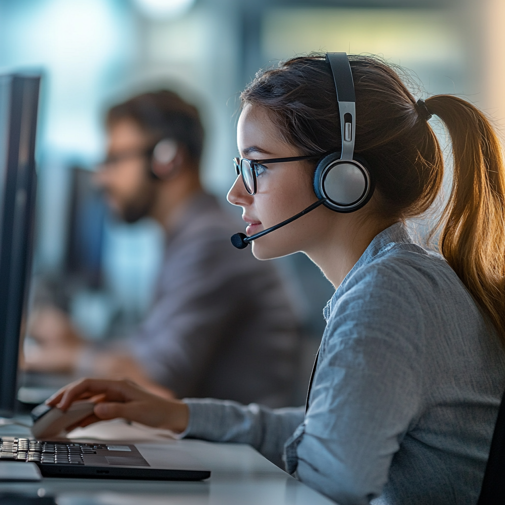 Call center worker on laptop and man on computer 