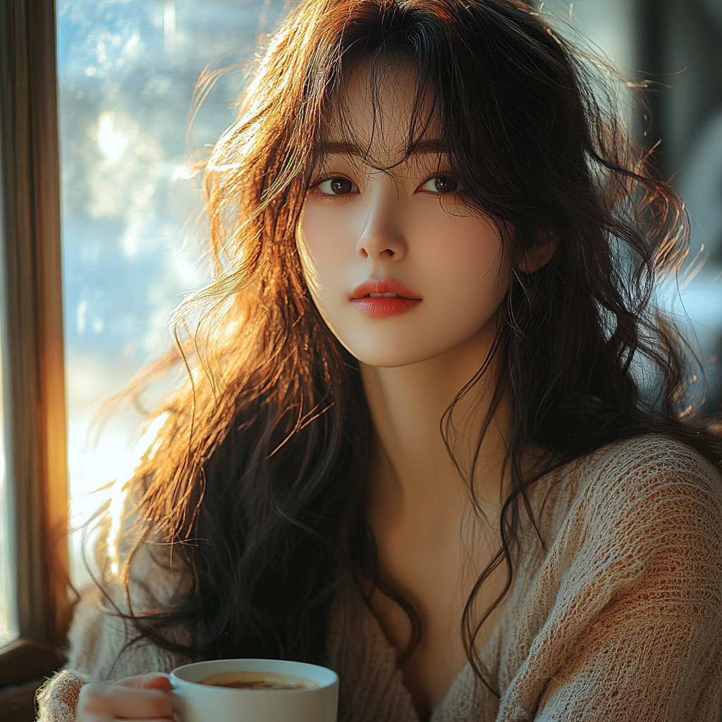 Calm Korean woman with coffee by window.