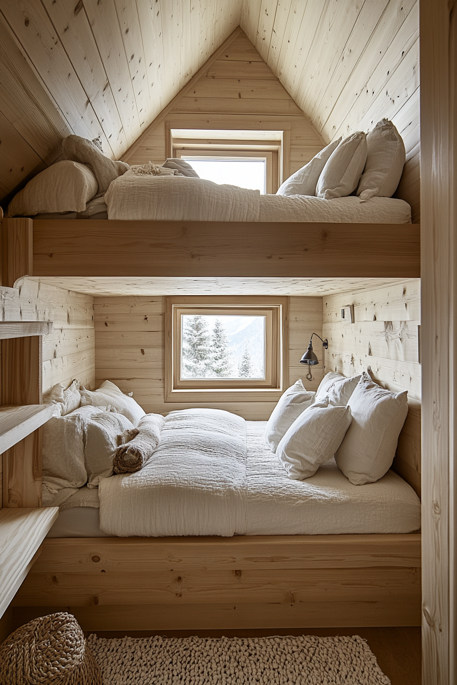 Calm and tidy cabin bedroom with serene atmosphere.