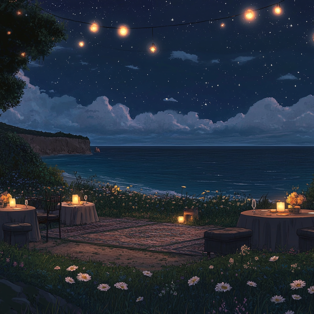 Calm evening with gentle lights, ocean view, floral tables.