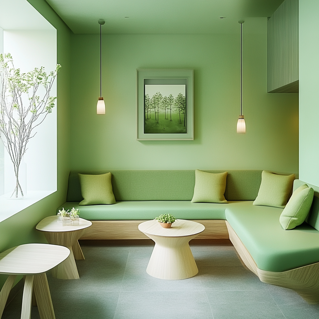 Calm green waiting room with white accents.