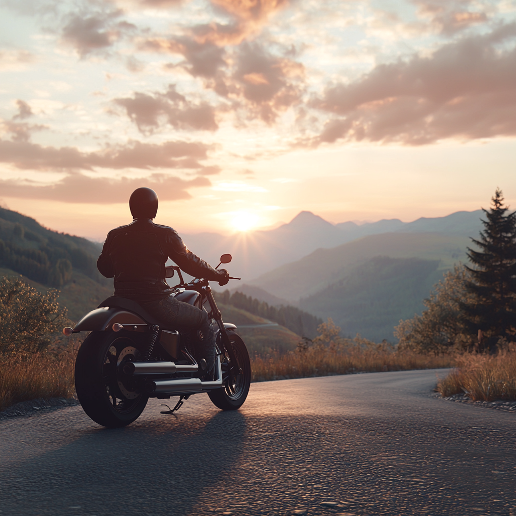 Calm motorcyclist in gear, focusing on deep breaths.