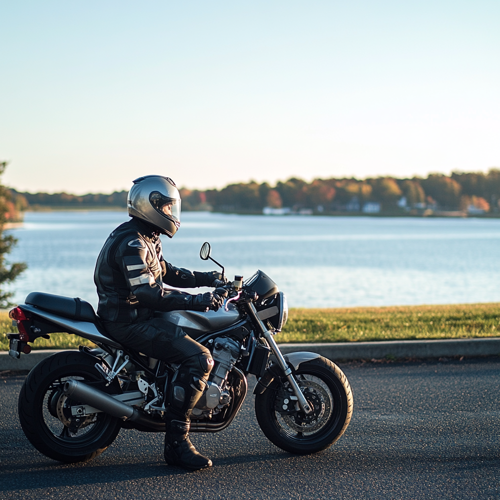 Calm motorcyclist in gear, ready for focused, safe ride.