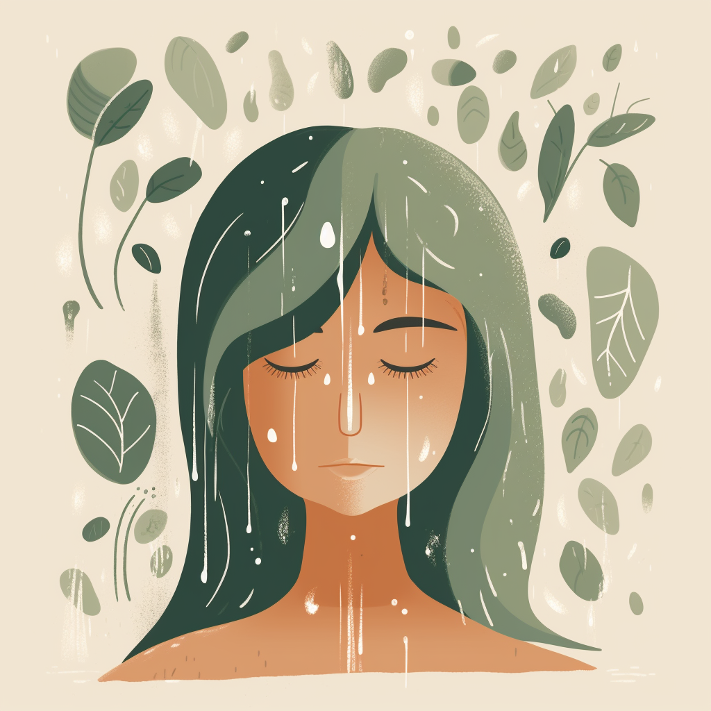 Calm scalp with flowing hair, leaves, water drops