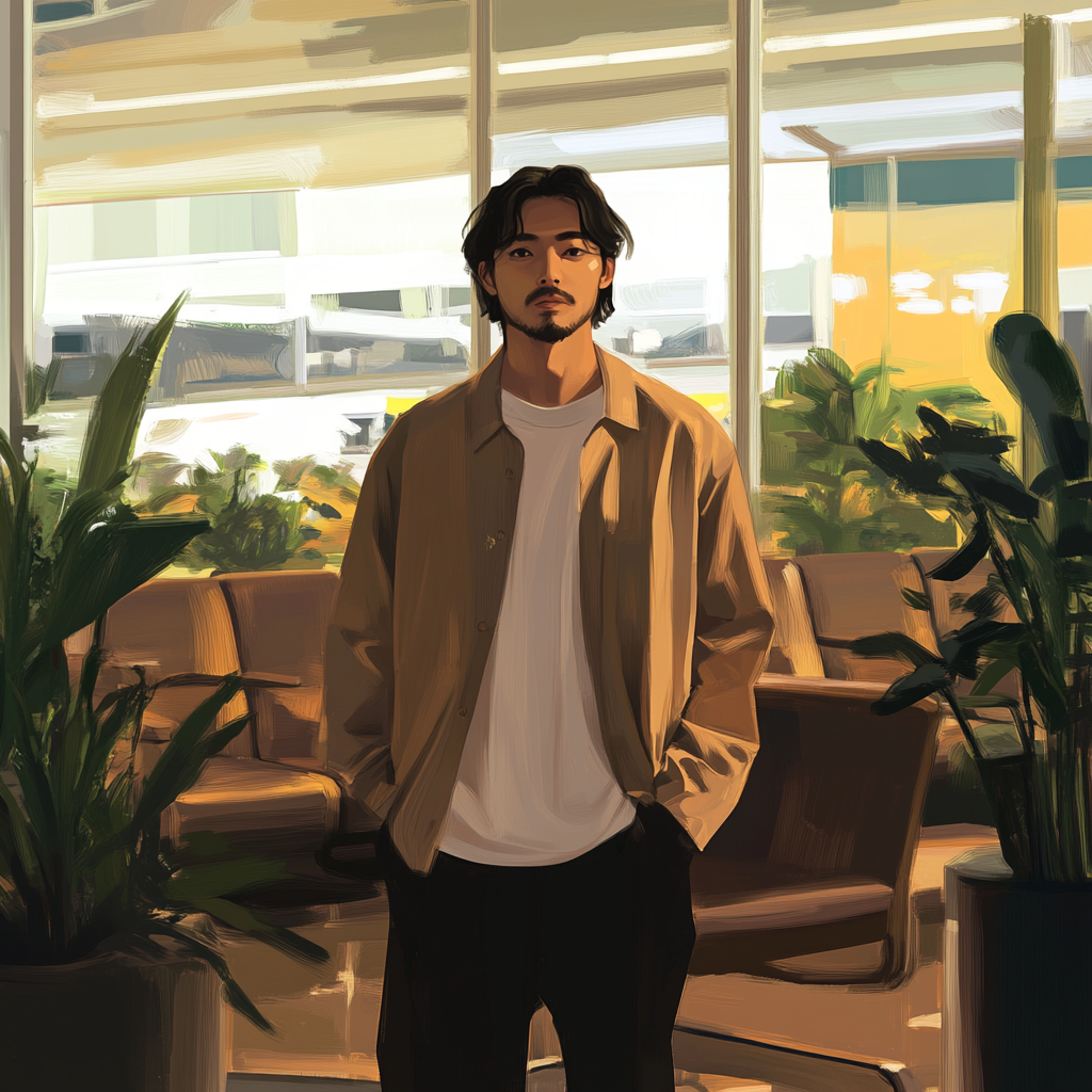 Calm traveler in cozy airport lounge painting