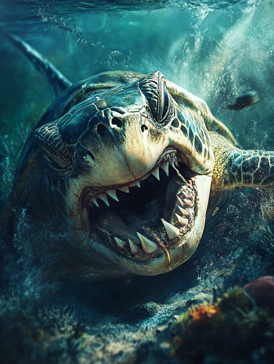 Calm turtle in shark's mouth, serene underwater scene