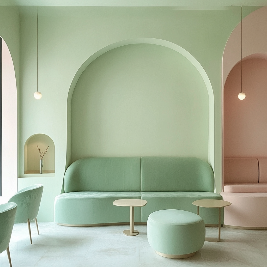 Calm waiting room with light green and pink.