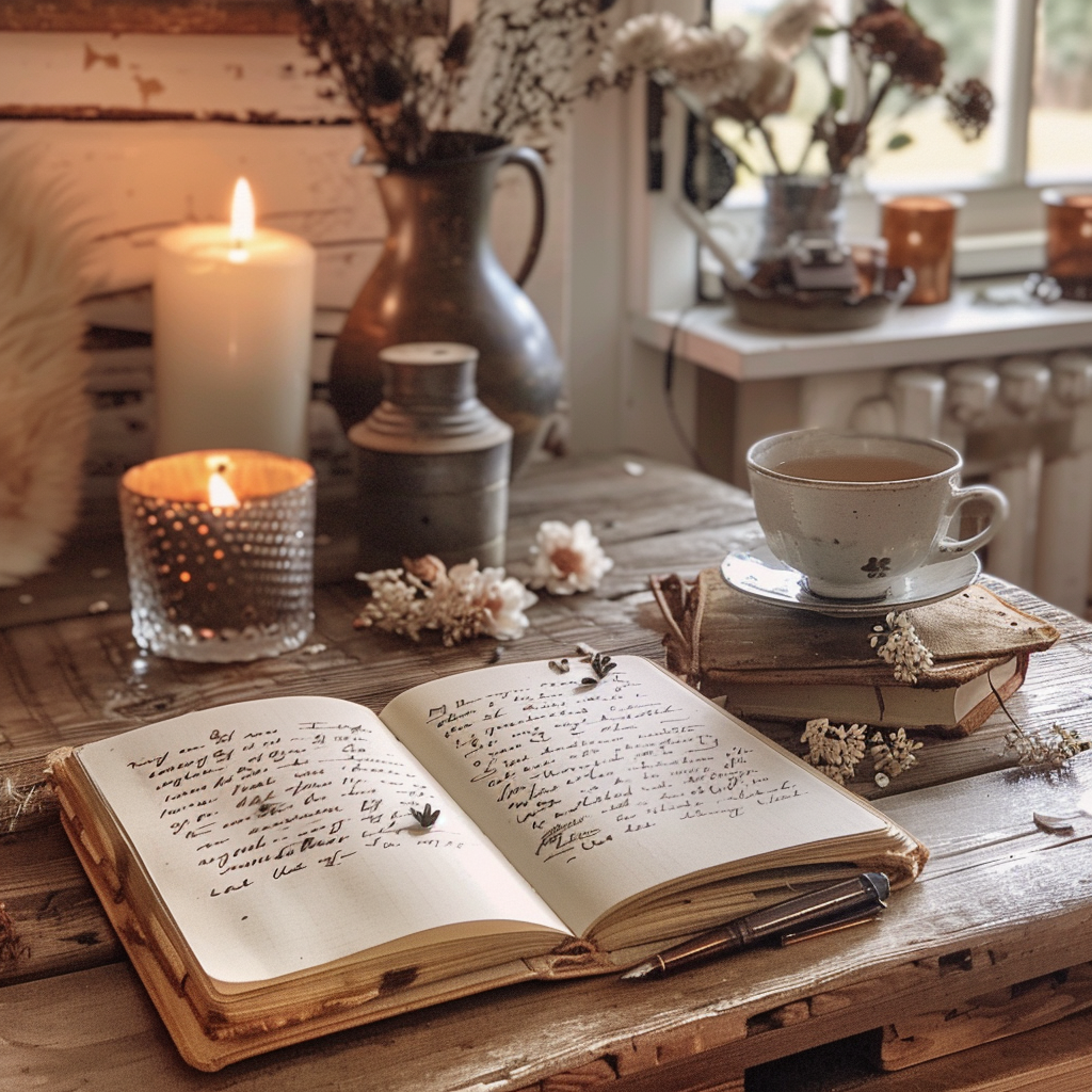 Calming gratitude journal on wooden desk with tea