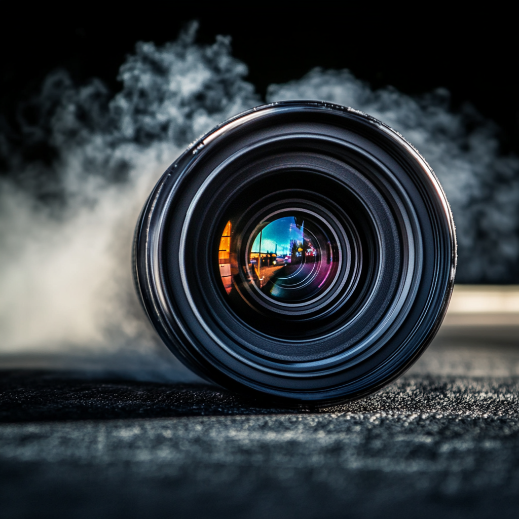 Camera lens as a car wheel on racetrack