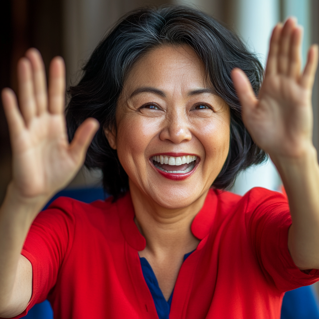 Camera lens captures joyful middle-aged woman celebrating win.