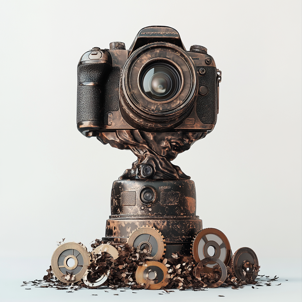 Camera-shaped trophy with metallic sheen and film reels.