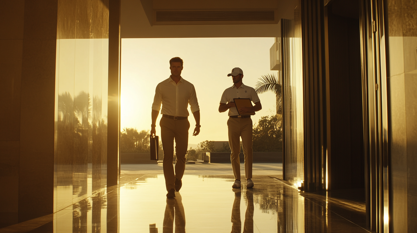 Camera shows office building, two people enter. Exec, caddy.