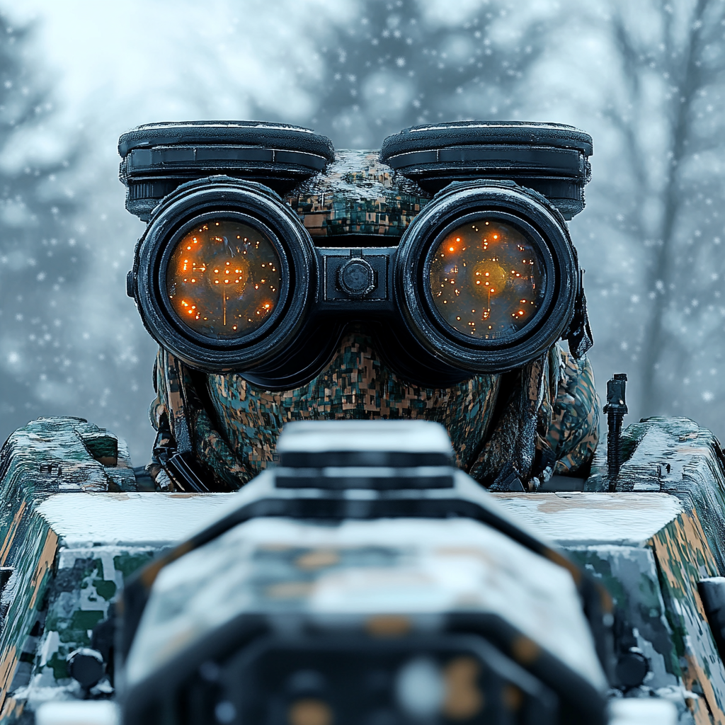 Camouflaged cyborg tank commander looks through binoculars