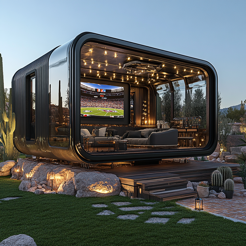 Camper pods with Raiders man cave interior on cliff.