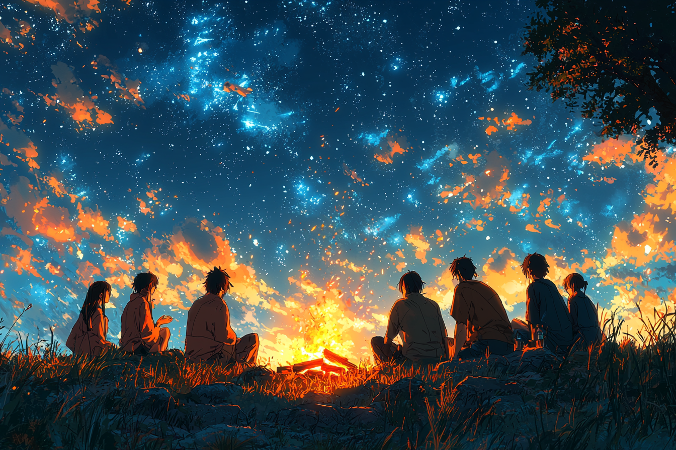 Campfire scene with vibrant colors, strong emotions and nostalgia.