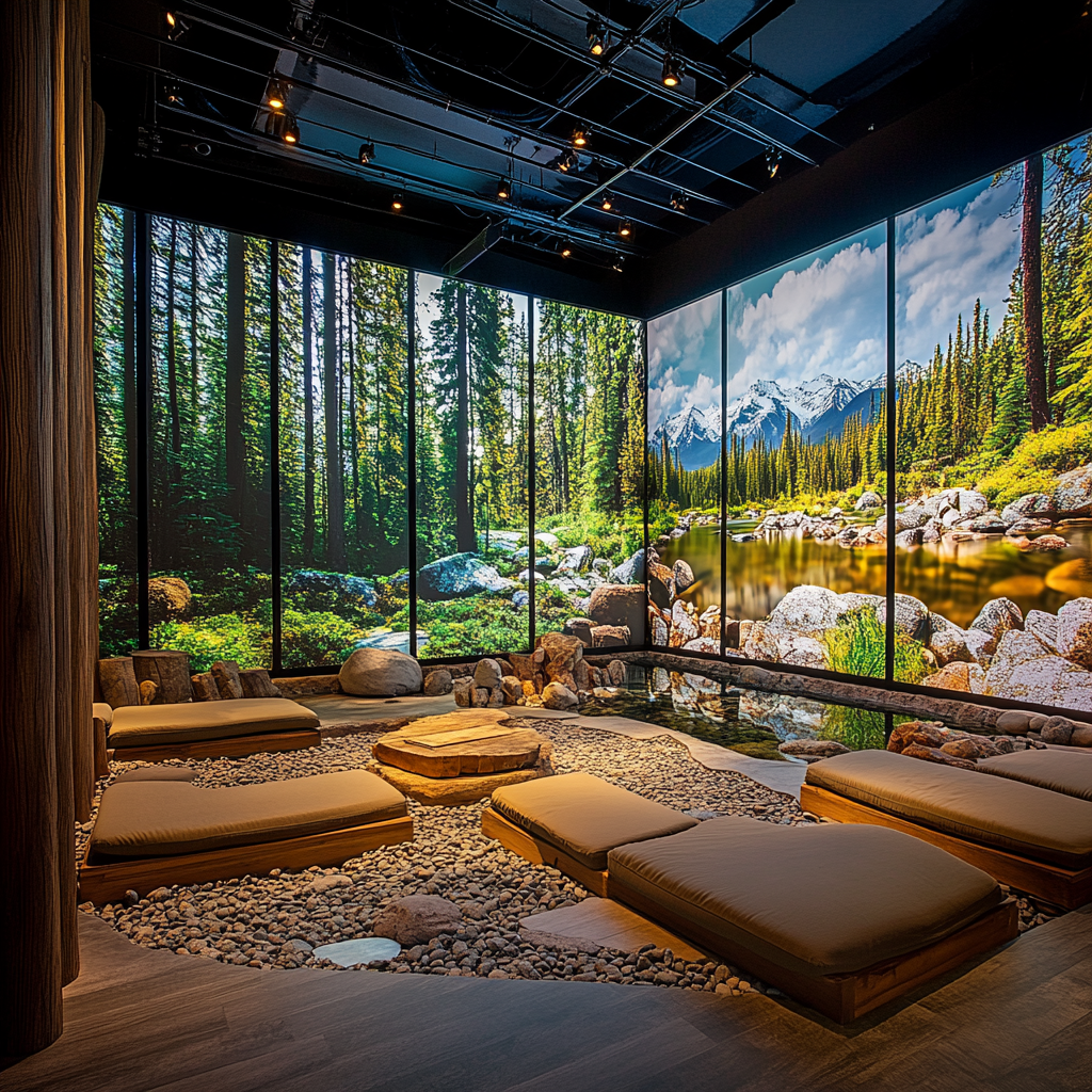 Canadian relaxation lounge with digital screens, eco-friendly ambiance.