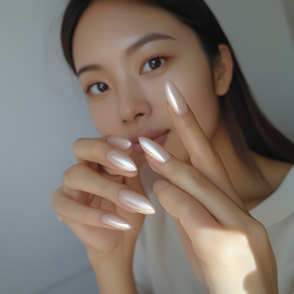 Candid Asian woman showing new shimmery almond nails.