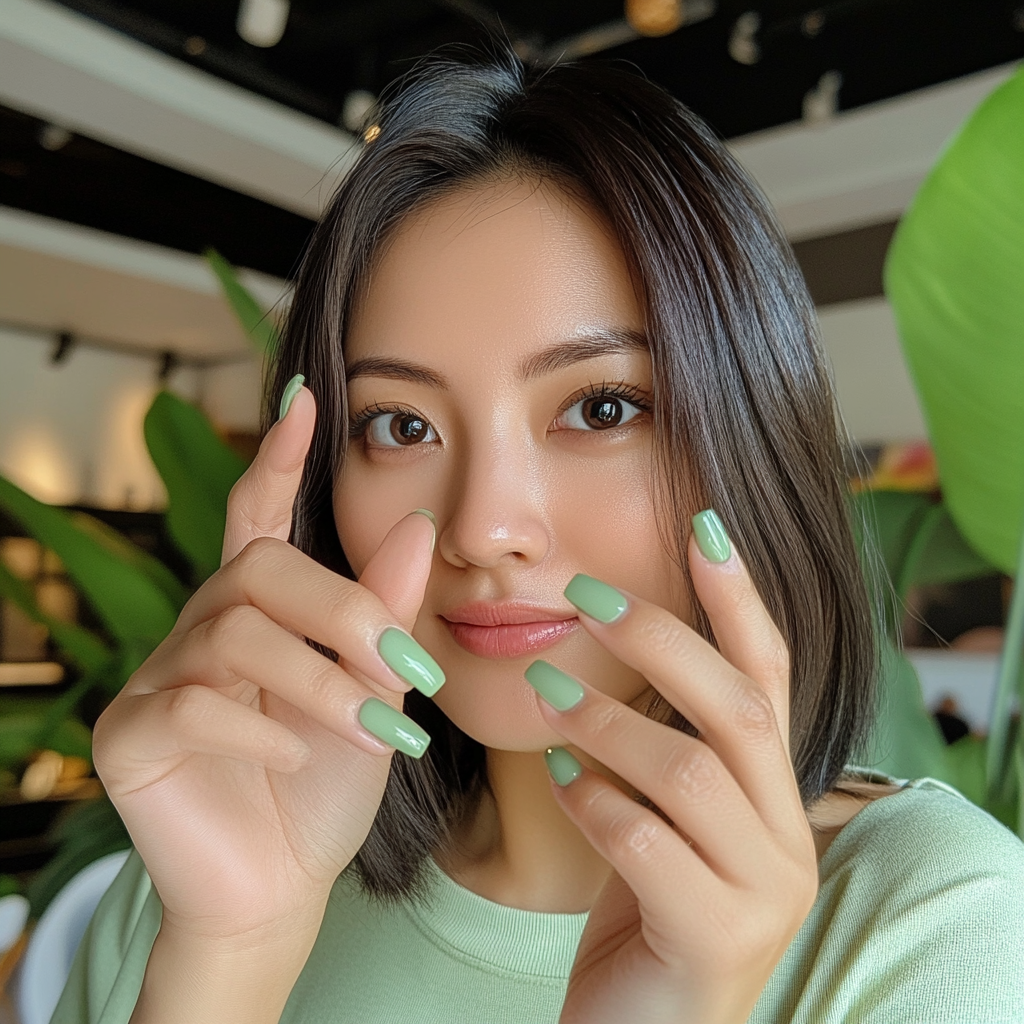 Candid Asian woman showing sage green painted nails.