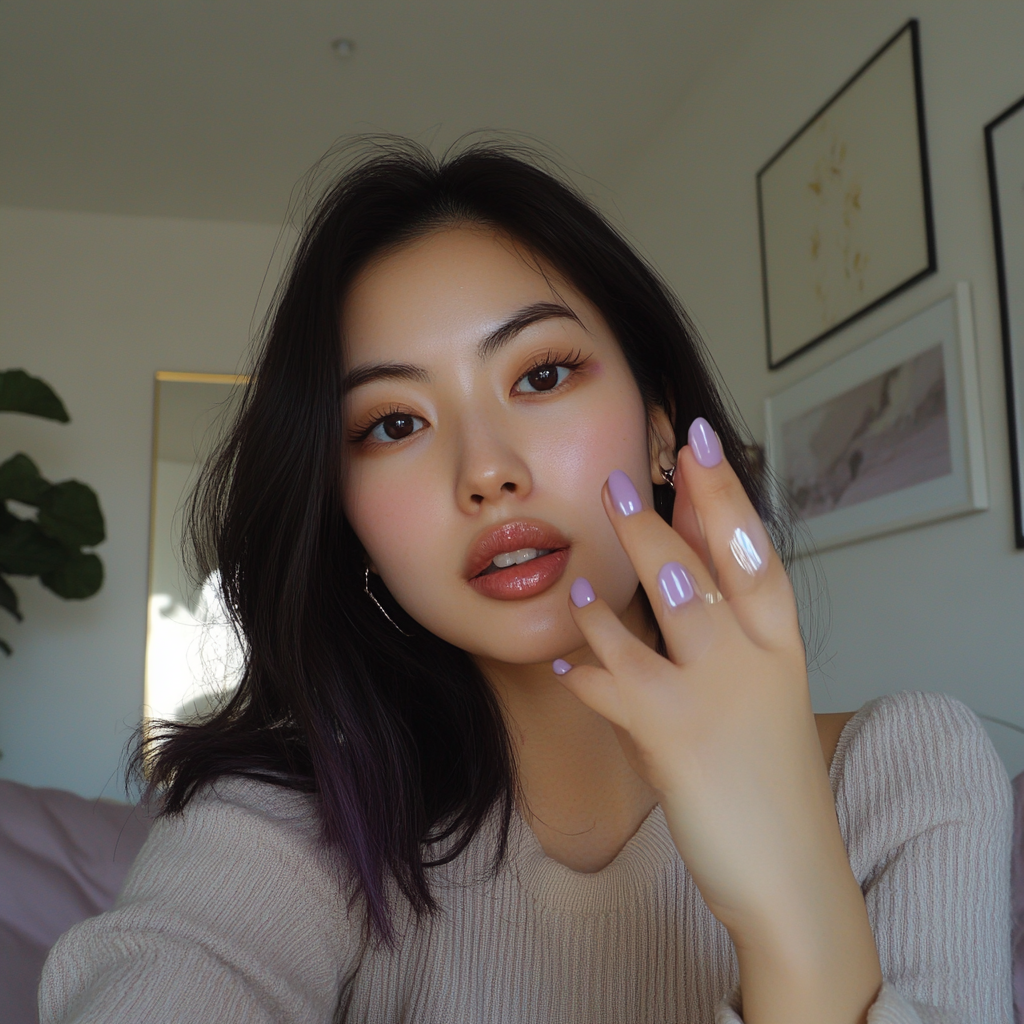 Candid Asian woman shows off new lilac nails.